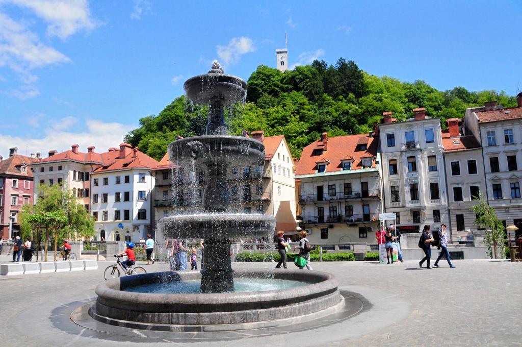 Ljubljana, fountain with castle in background.